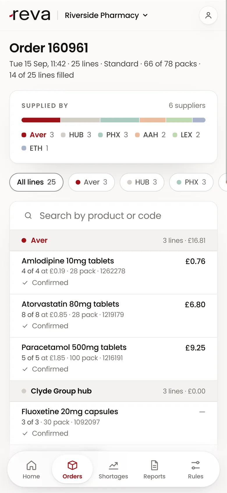 One order in the portal on a phone: who supplied each line, the split of suppliers, and each line's price and status